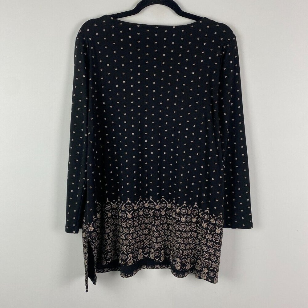 J Jill Black Ditsy Floral Bordered Hem Tunic Blouse Size XL Cotton Modal - Picture 6 of 10